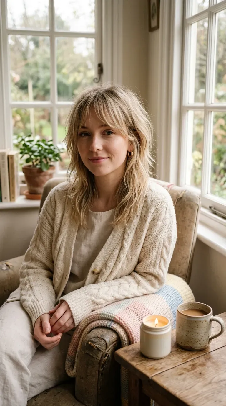 Woman with thin fine hair wearing a shag haircut with curtain bangs framing the face