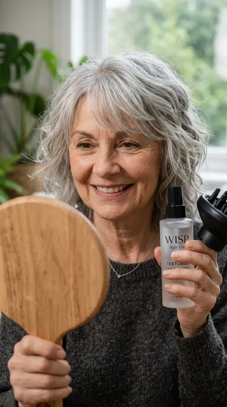 Woman over 60 with a shag haircut paired with a soft, wispy fringe