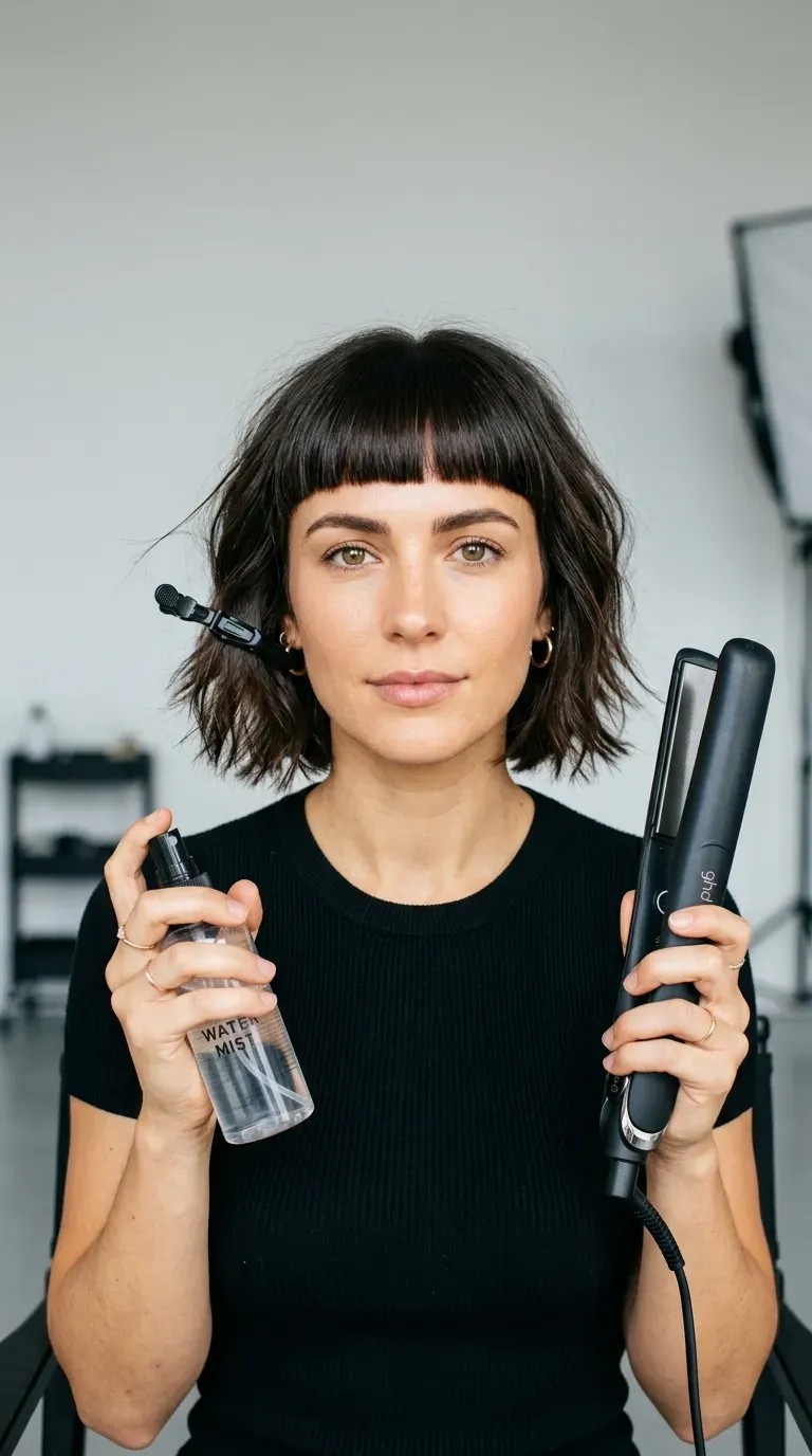 Woman with a shaggy bob paired with a precise blunt fringe