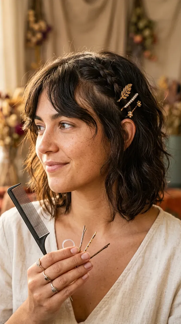 Woman with a shaggy bob featuring a small, playful braided accent