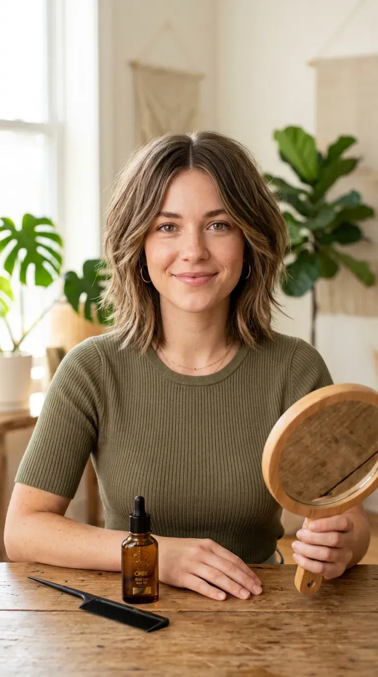 Woman with a shaggy bob styled with a precise center part