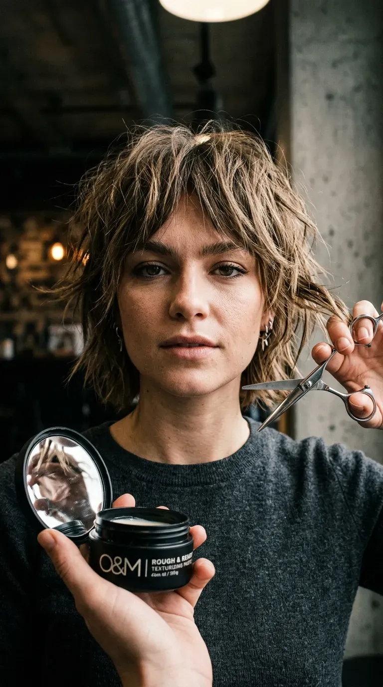 Woman with a shaggy bob featuring choppy, jagged ends