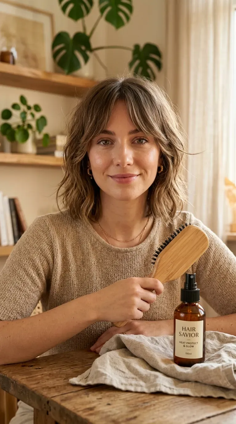 Woman with a shaggy bob paired with soft curtain bangs