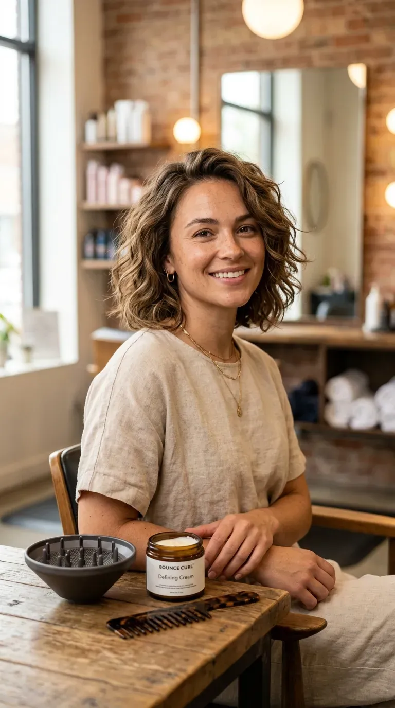 Woman with a shaggy bob styled using a diffuser for natural texture