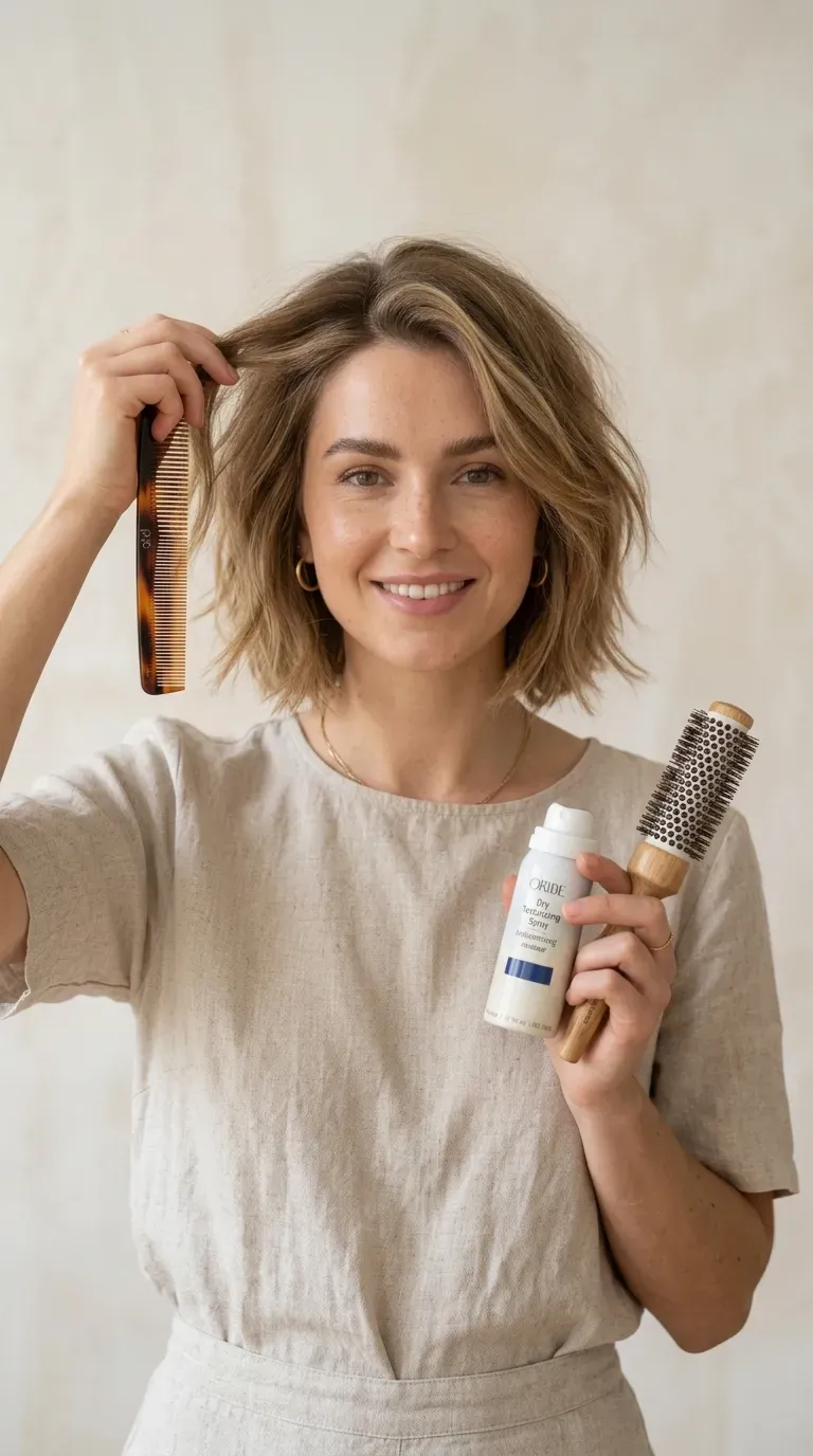 Woman with a shaggy bob styled to add fullness to fine hair