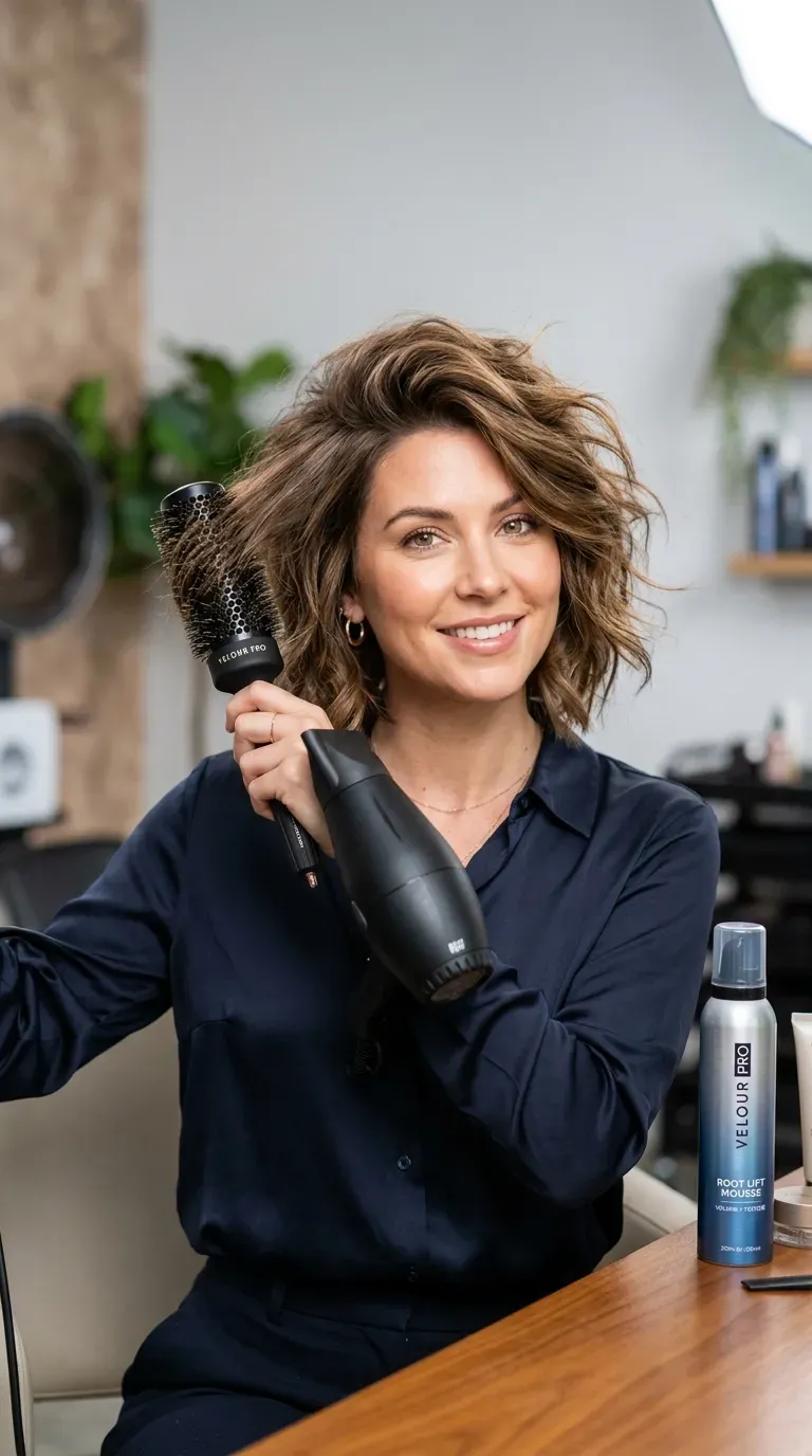 Woman with a shaggy bob styled with lifted root volume