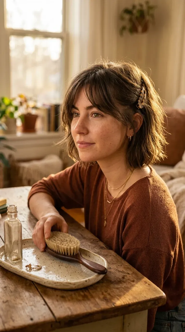 Woman with a shaggy bob and long side-swept bangs