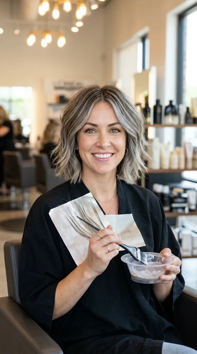 Woman with a shaggy bob featuring soft, dimensional silver highlights