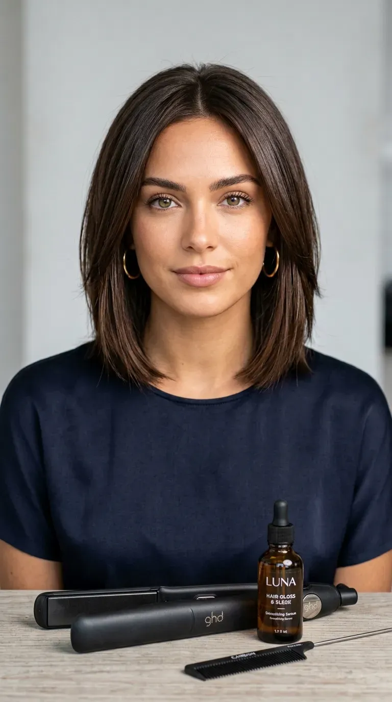 Woman with a shaggy bob straightened sleek and smooth