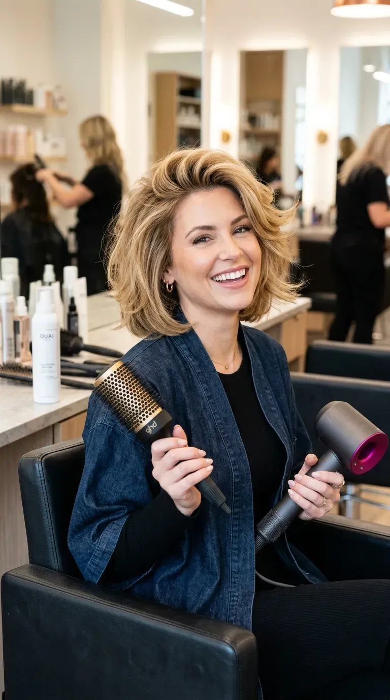 Woman with a shaggy bob styled with extra volume from a fresh blowout