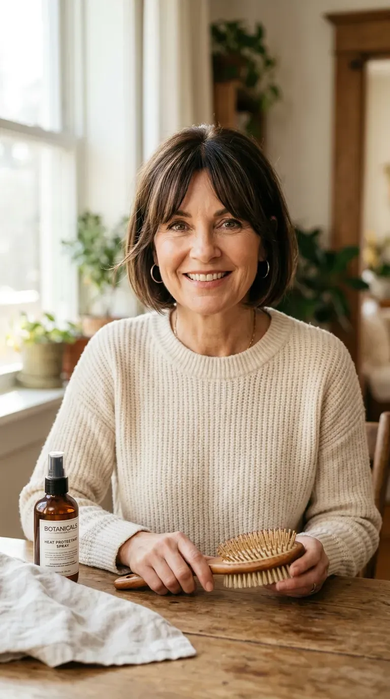 Woman over 50 with a short bob paired with soft curtain bangs