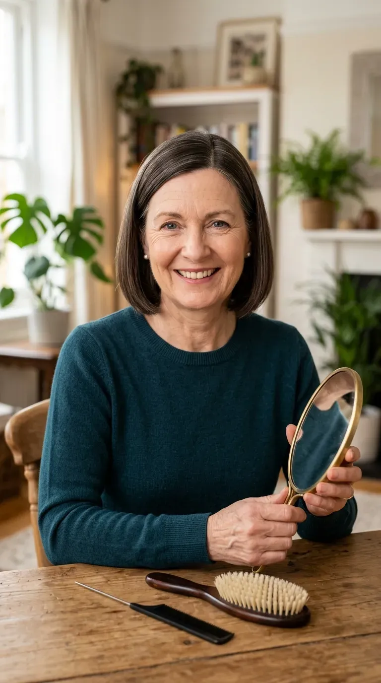 Woman over 50 with a short bob styled with a clean side part