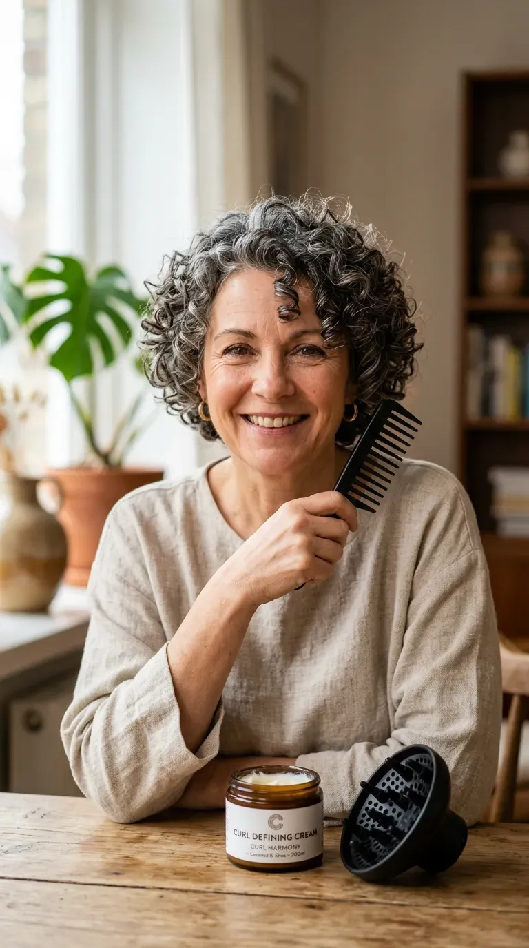 Woman over 50 with a short crop styled to define natural curls