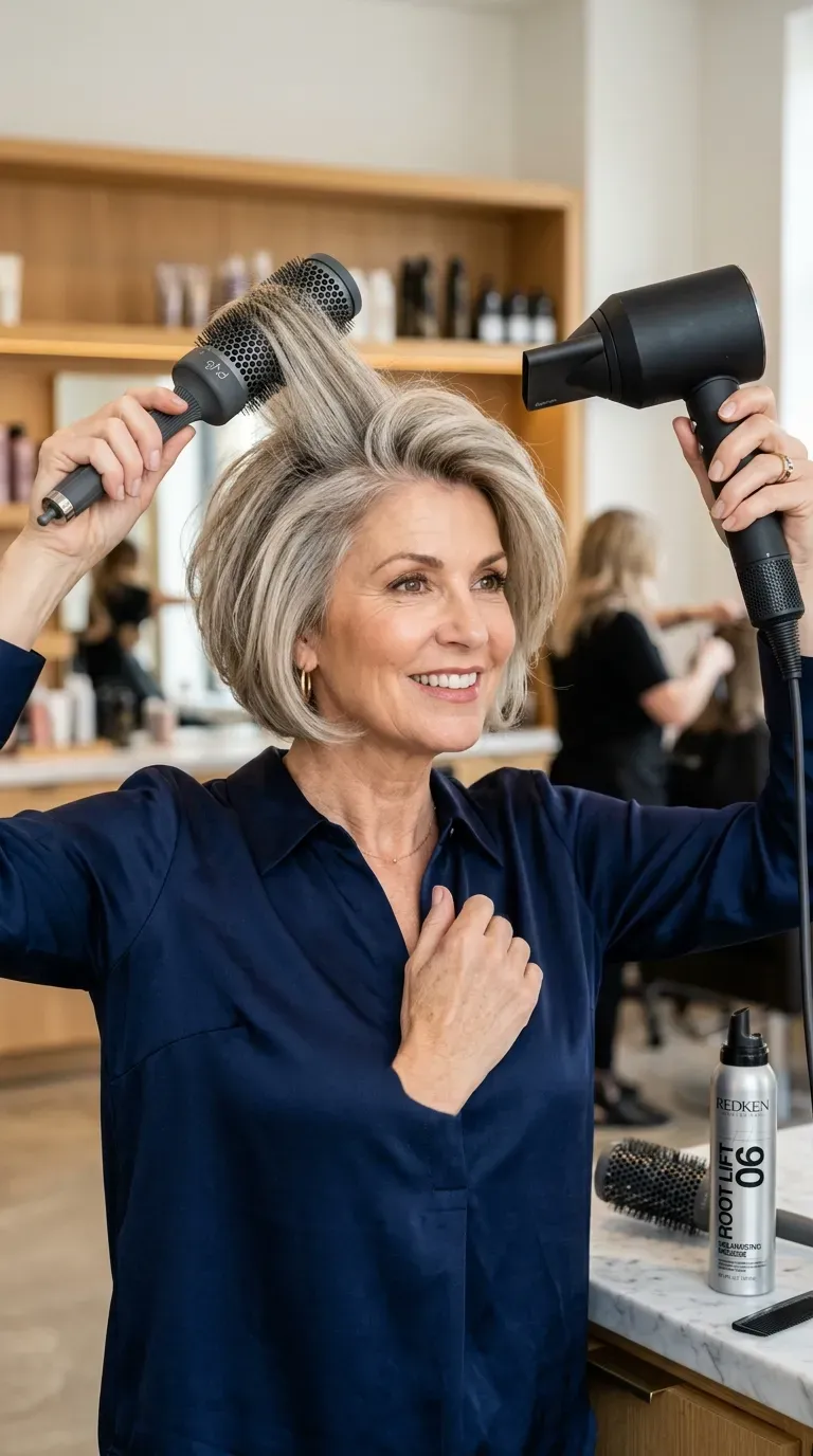 Woman over 50 with a short layered bob styled with lifted root volume
