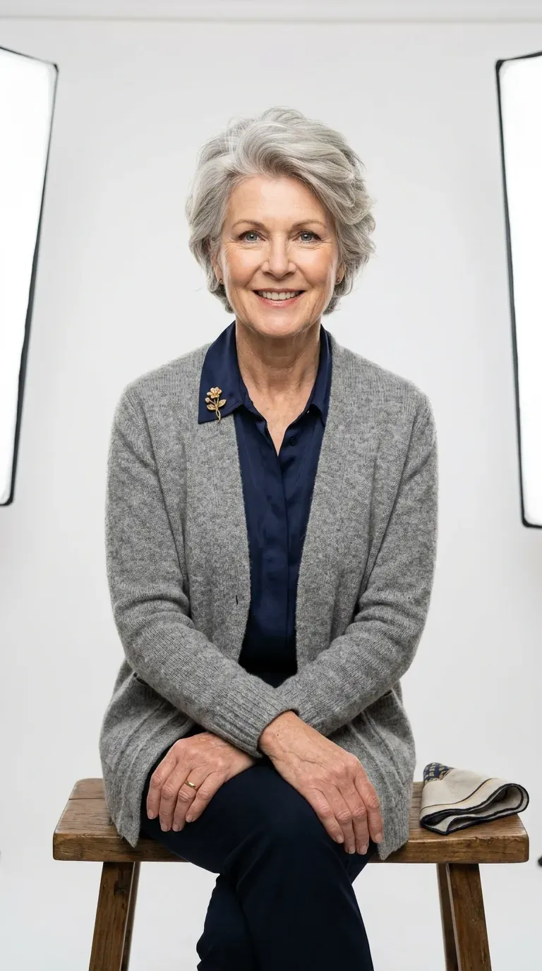 Woman over 60 with short layered haircut showing visible height and lift at the crown