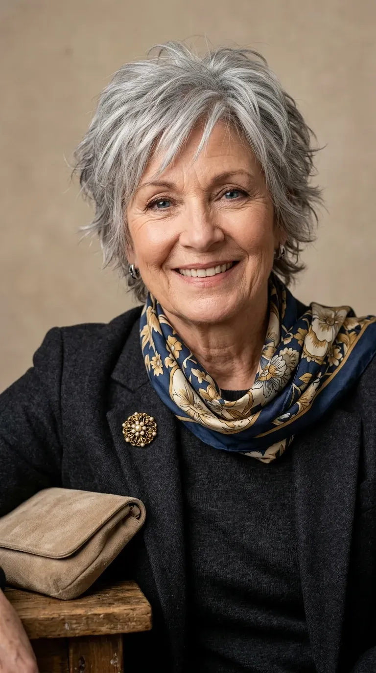 Woman over 60 with short gray shag haircut showing piecey layered texture and movement