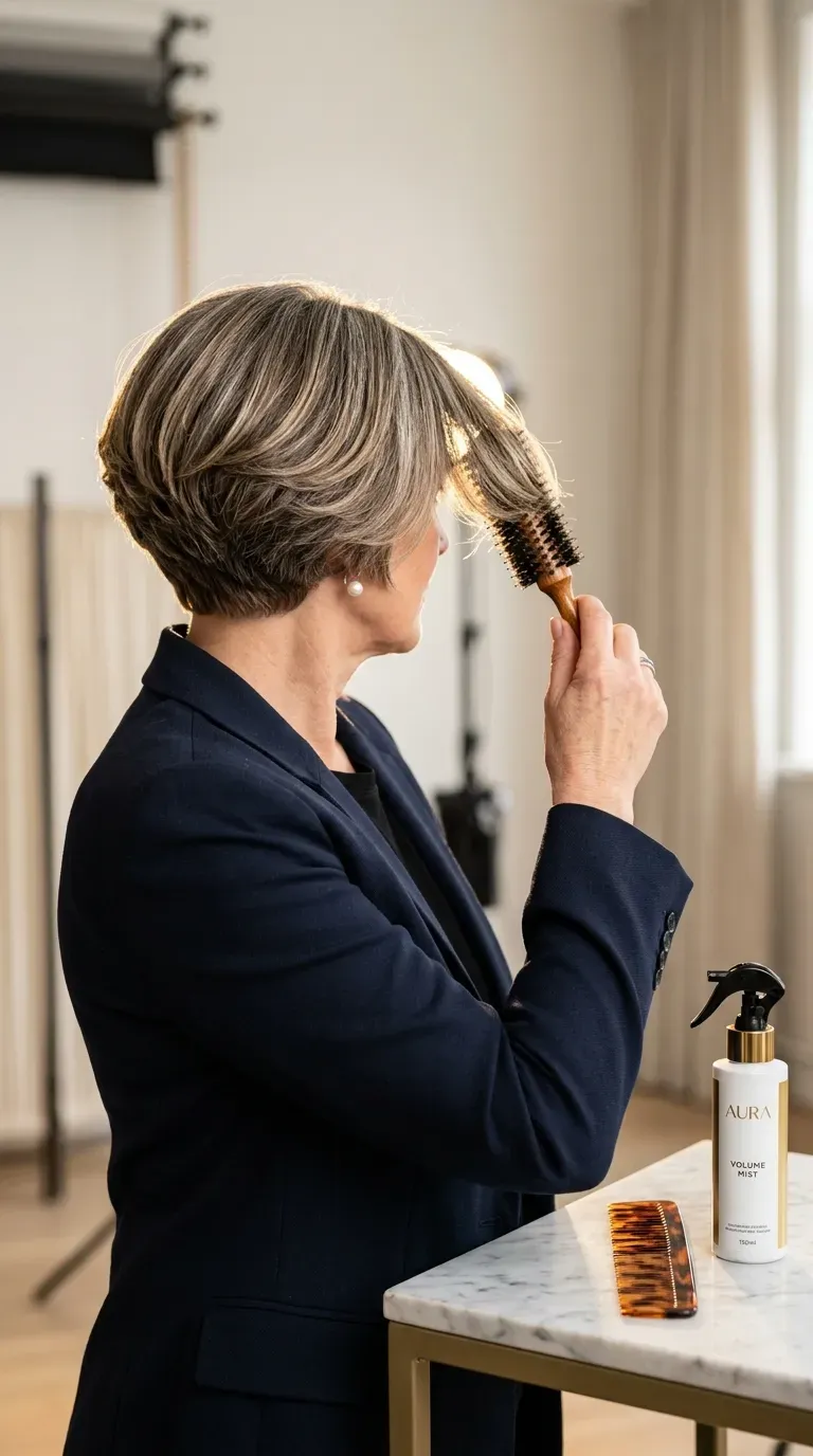Woman over 50 with a short stacked bob, fuller and layered at the back