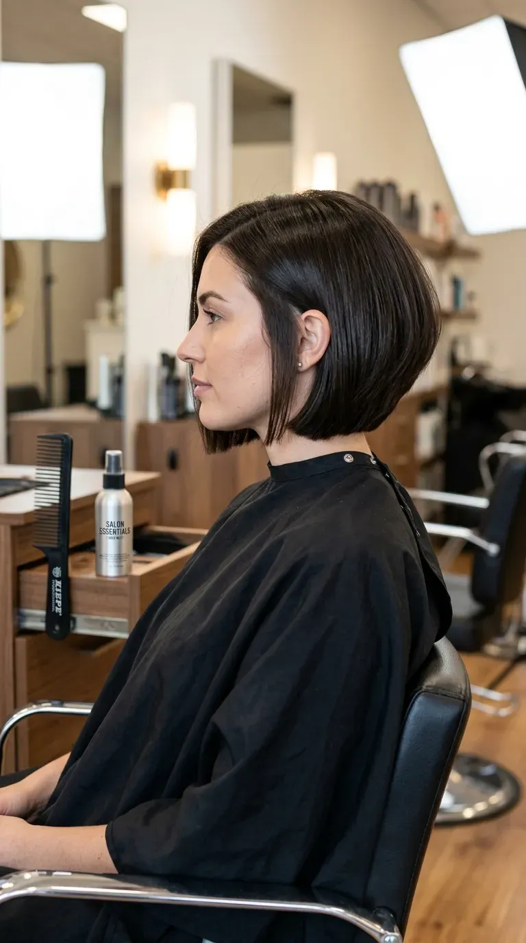 Woman with a short stacked pixie-bob hybrid showing cropped volume at the crown