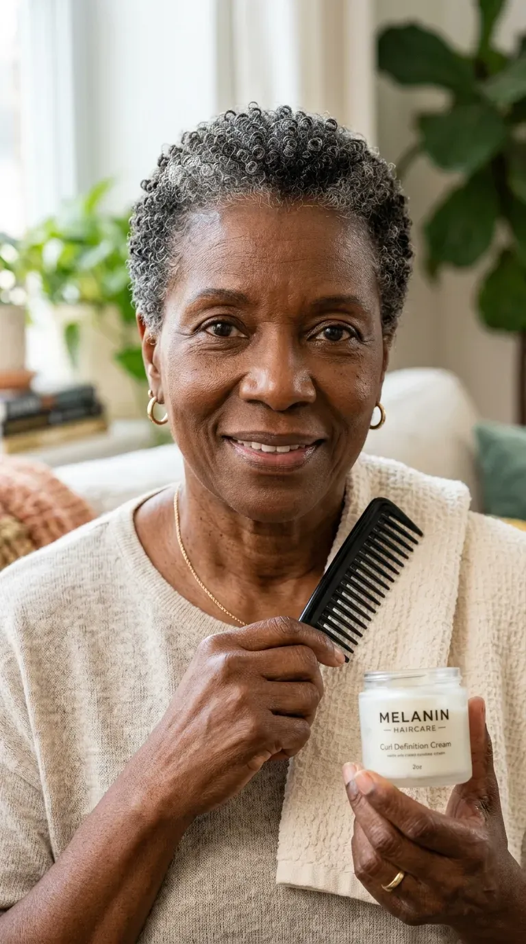 Older Black woman with a short wash-and-go coily crop close to the head