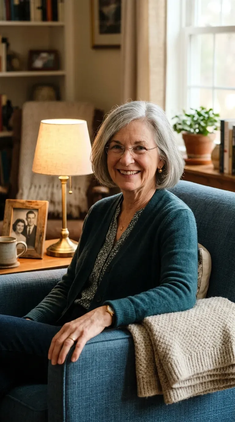 Woman over 60 with side-parted chin-length gray bob styled at home near warm lighting