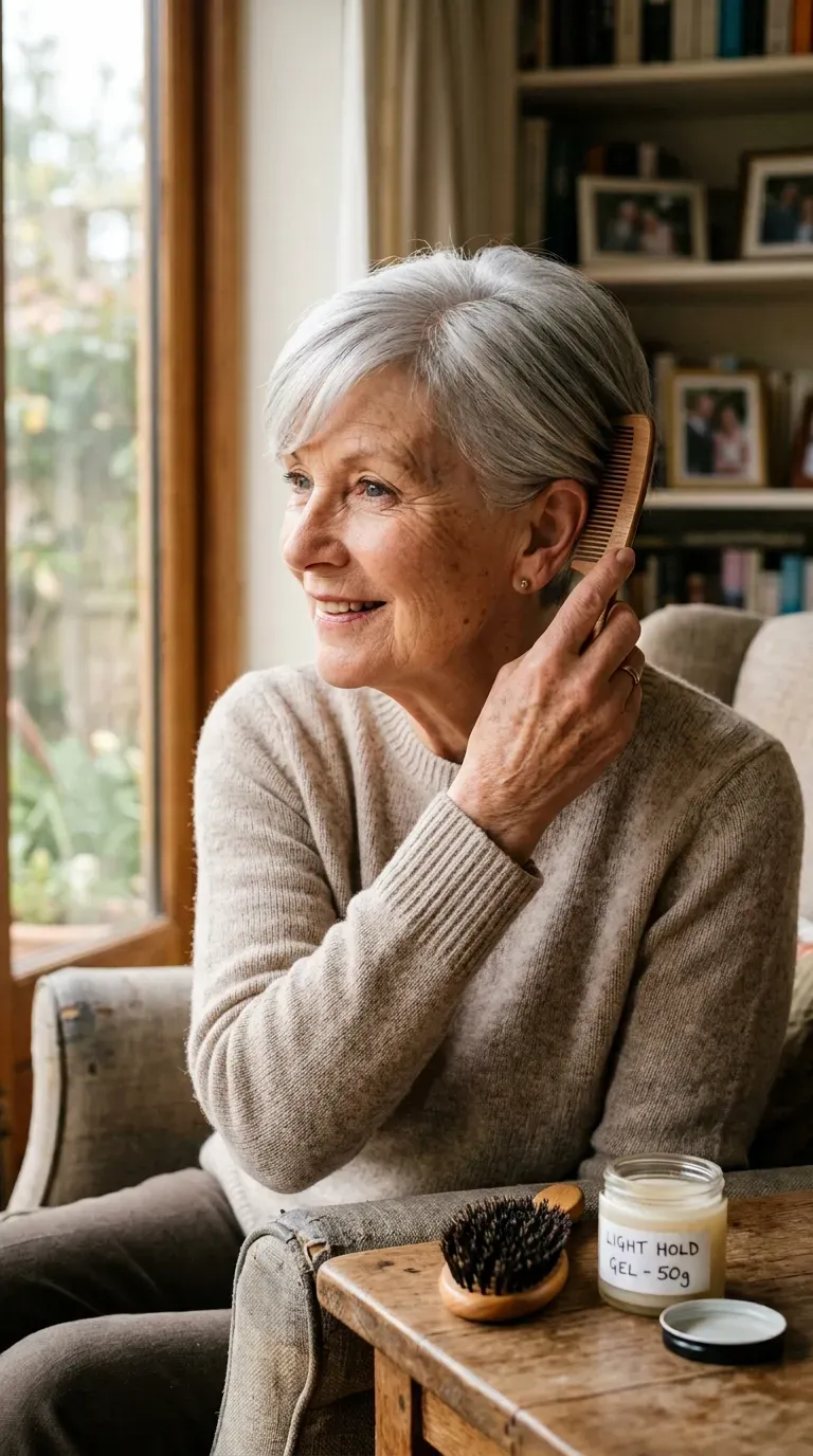 Elderly woman with a side-parted pixie cut and a soft swept fringe