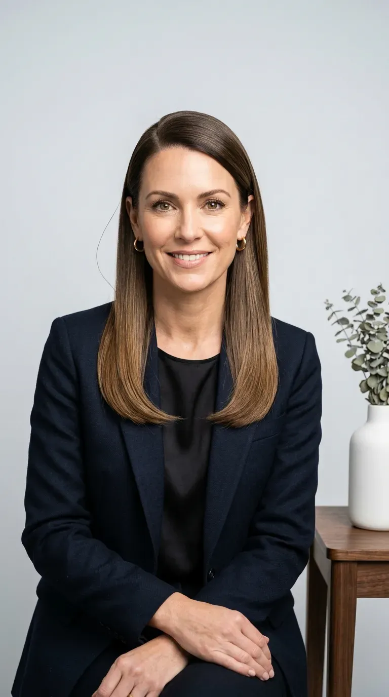 Woman over 40 with side-parted sleek blowout styled straight and smooth