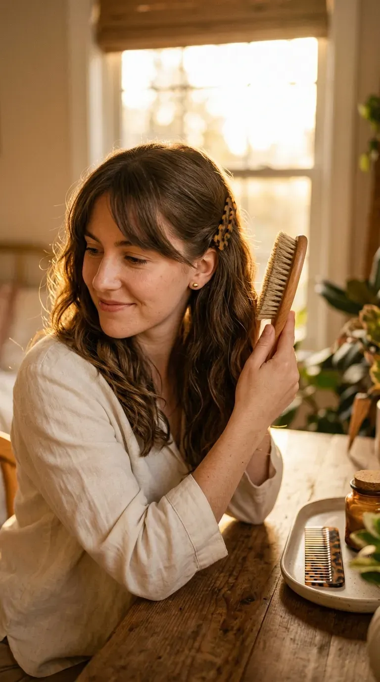 Woman with side-swept bangs sweeping diagonally across her cheekbone