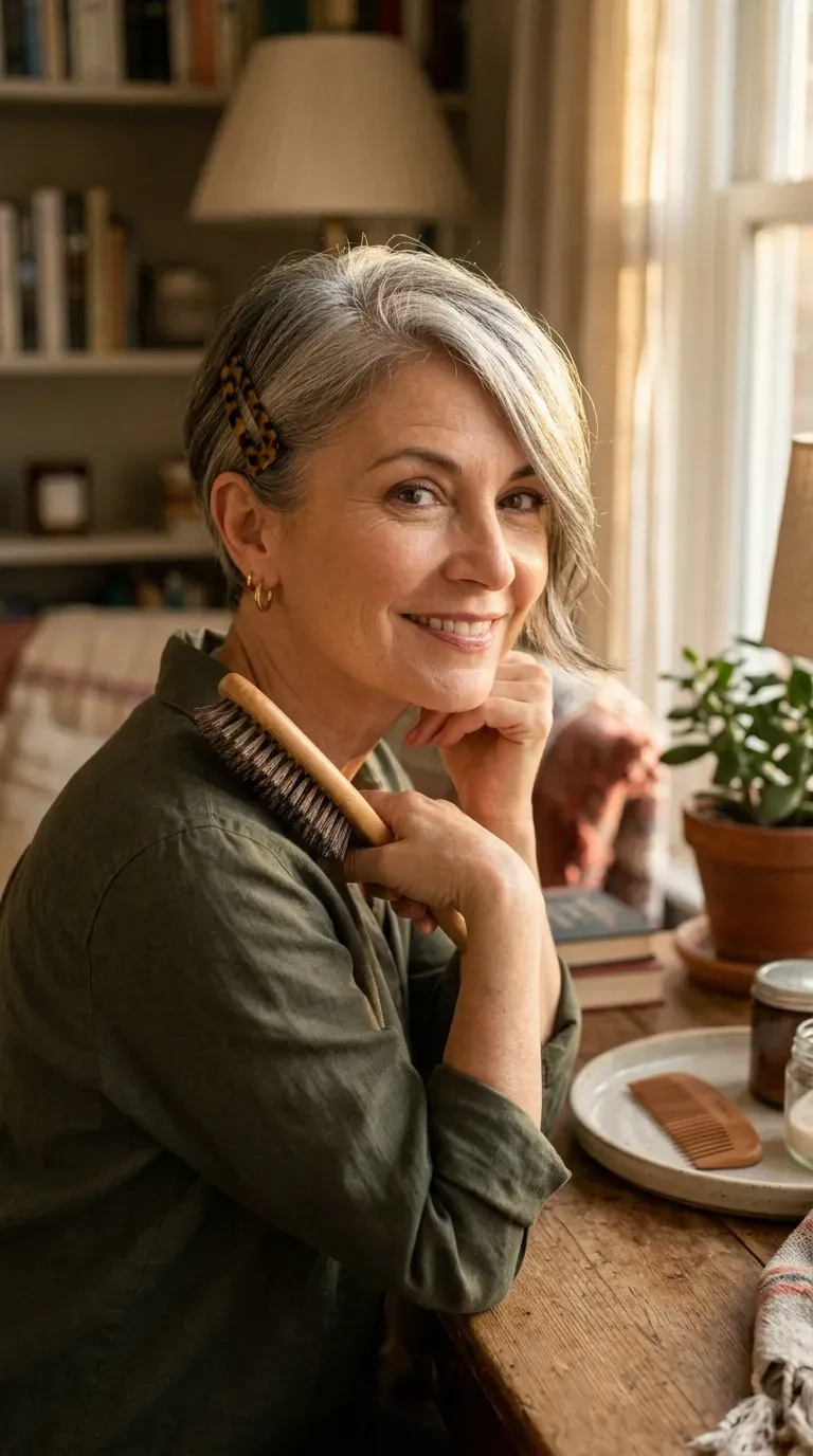 Woman over 50 with a pixie cut styled with a long, side-swept fringe