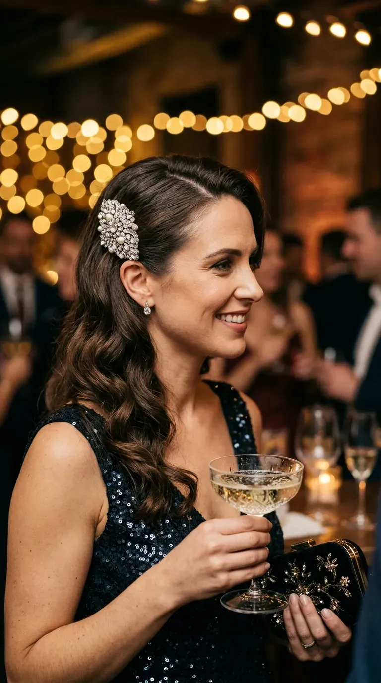 Woman with thin hair wearing side-swept waves pinned with a sparkly clip for a party