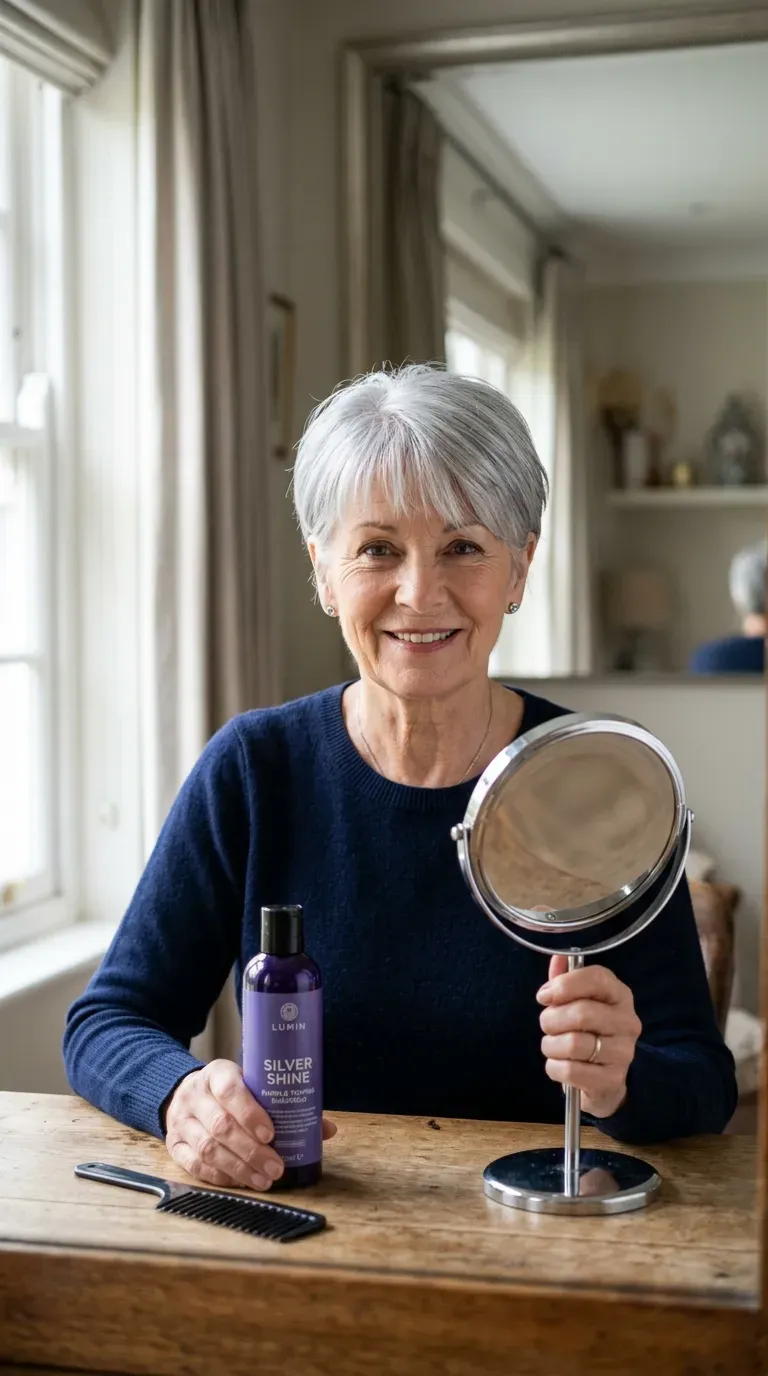 Woman over 60 with a silver pixie cut paired with soft bangs