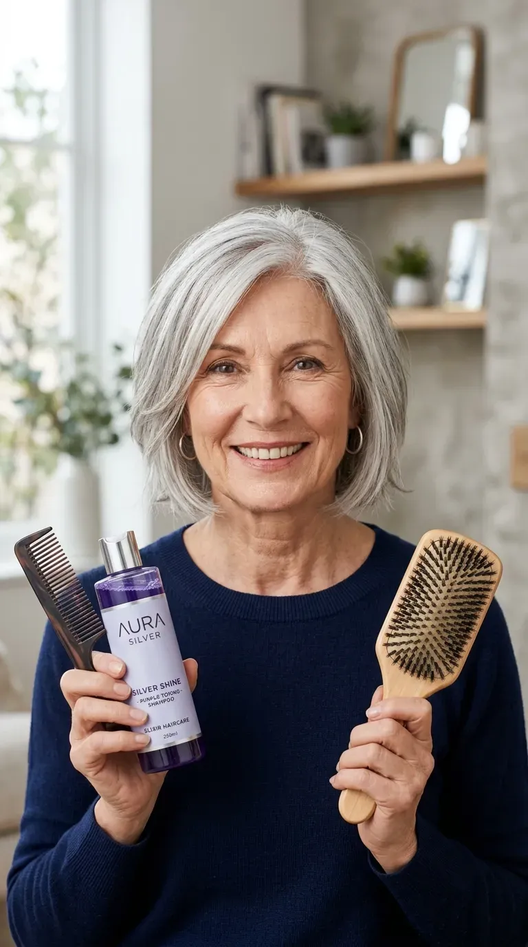 Woman over 60 with a silver-toned choppy bob with dimensional texture