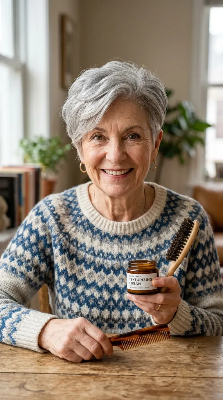 Elderly woman with a simple bob styled with a clean side part