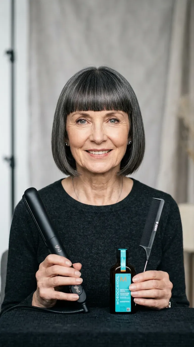 Woman over 60 with a sleek bob paired with a precise blunt fringe