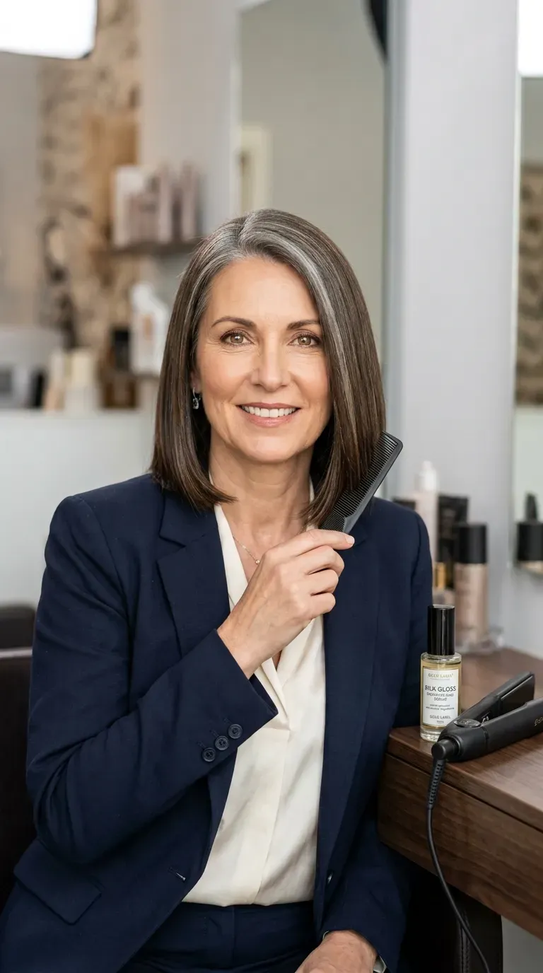 Woman over 50 with a sleek, smooth chin-length bob