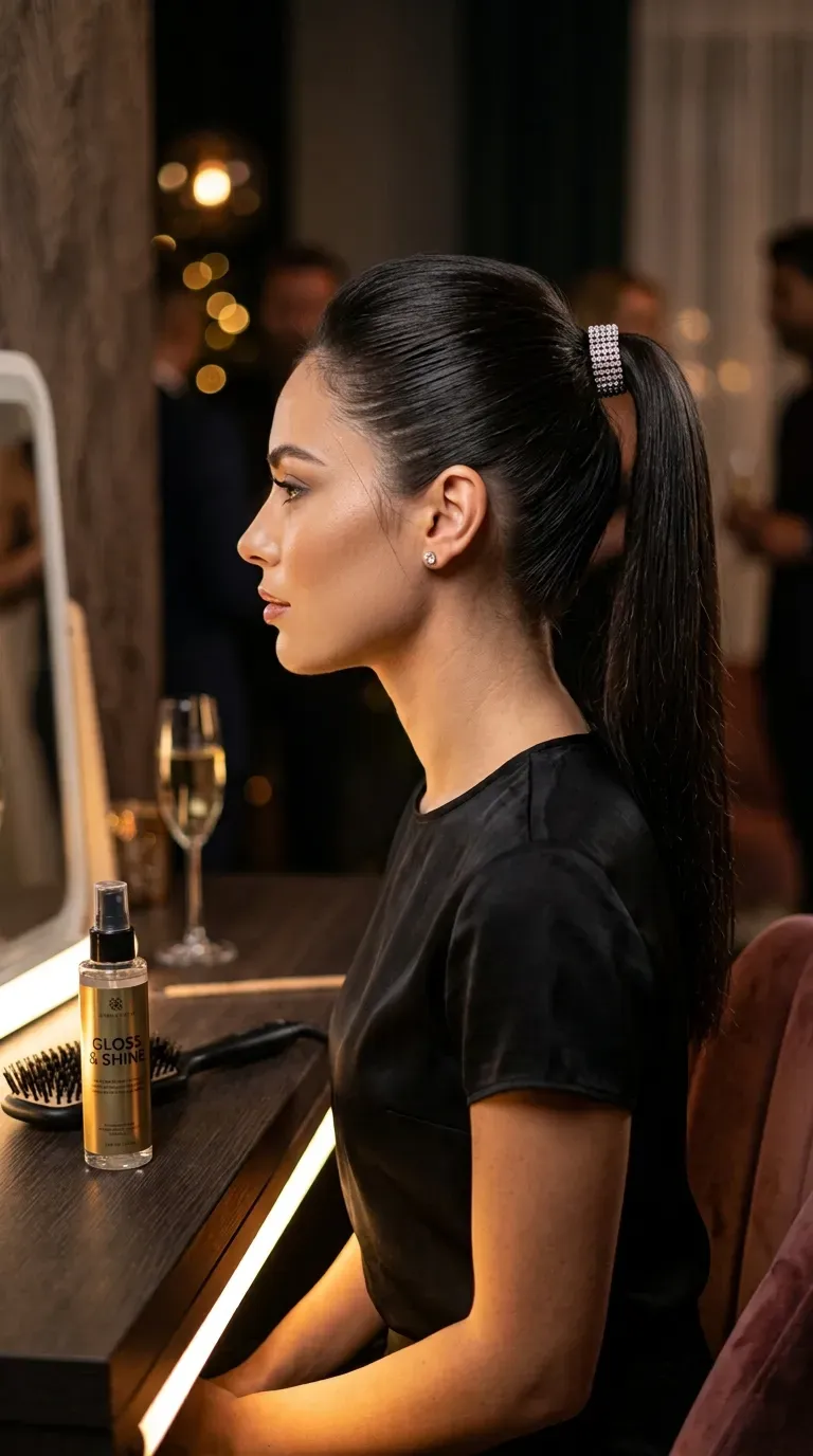 Woman with thin hair wearing a sleek high ponytail with a volumizing bump at the crown