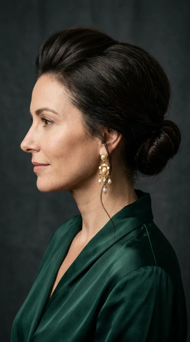Woman over 40 with sleek low bun hairstyle and volumized crown for a formal event