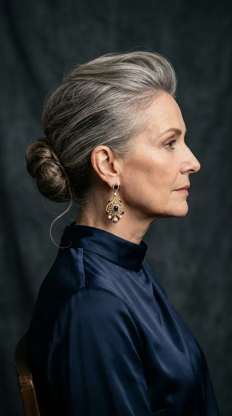 Woman over 60 with sleek low bun hairstyle and volumized crown for a formal event