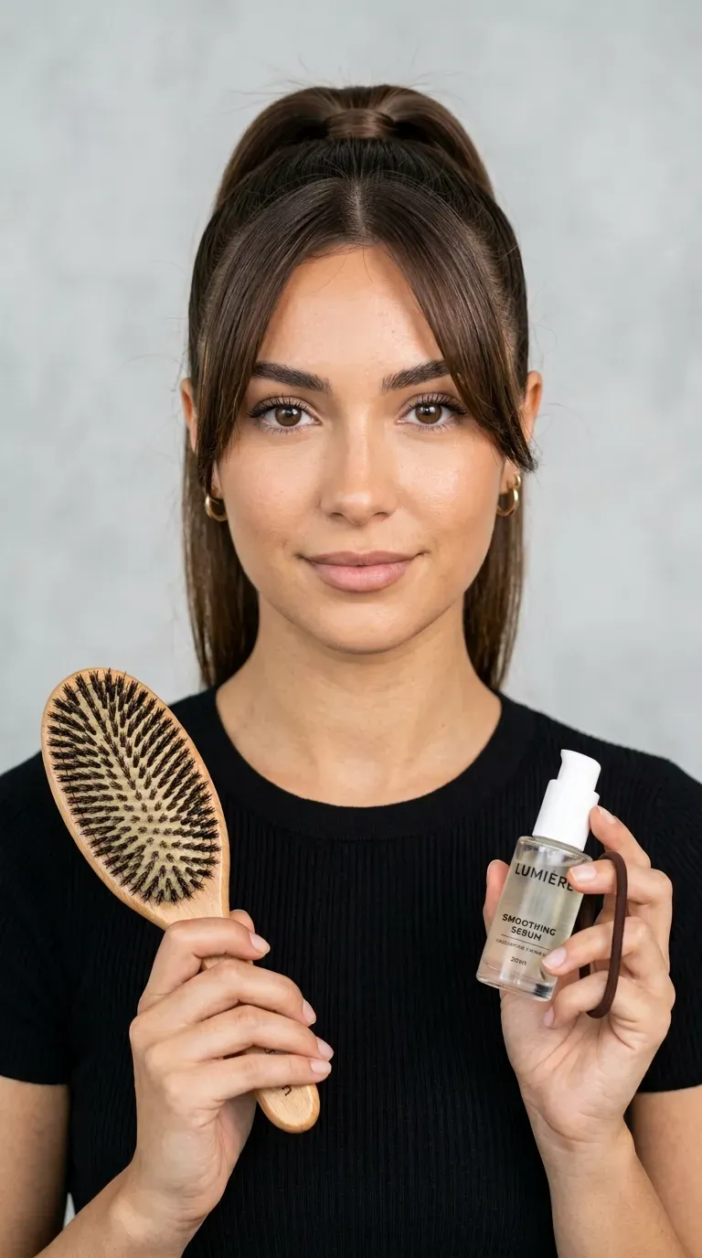 Woman with a sleek high ponytail paired with soft curtain bangs