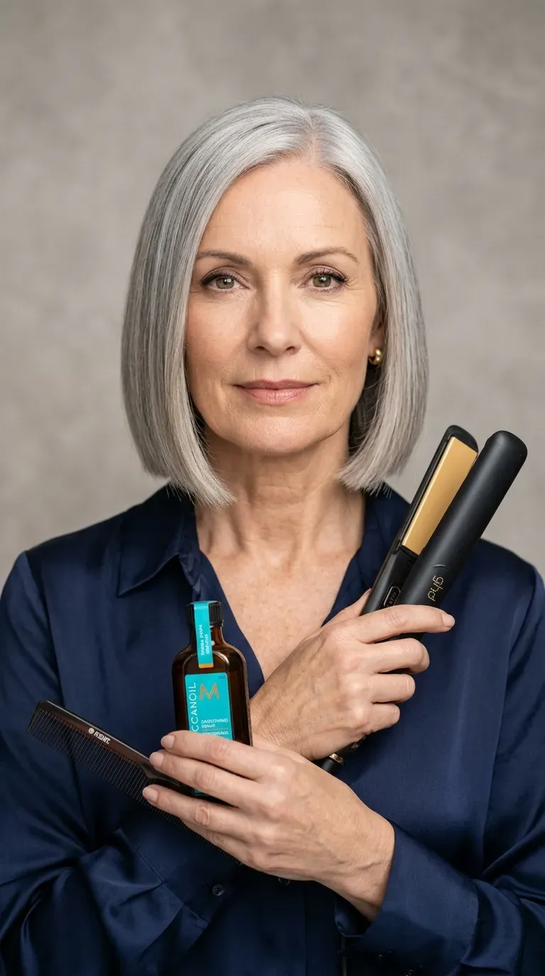 Woman over 50 with a sleek, perfectly straight short bob