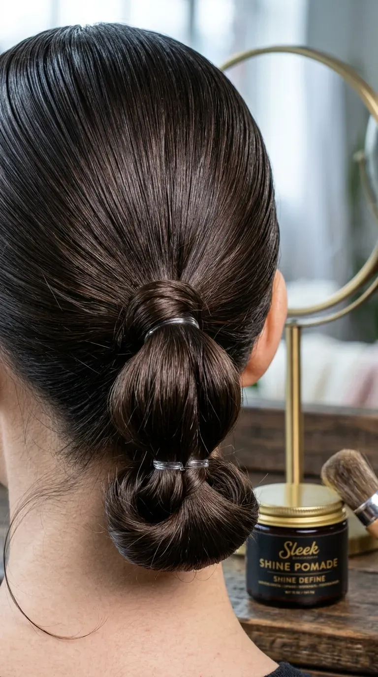 Woman with fine hair wearing a slicked-back bun with a bubble detail styled for a party
