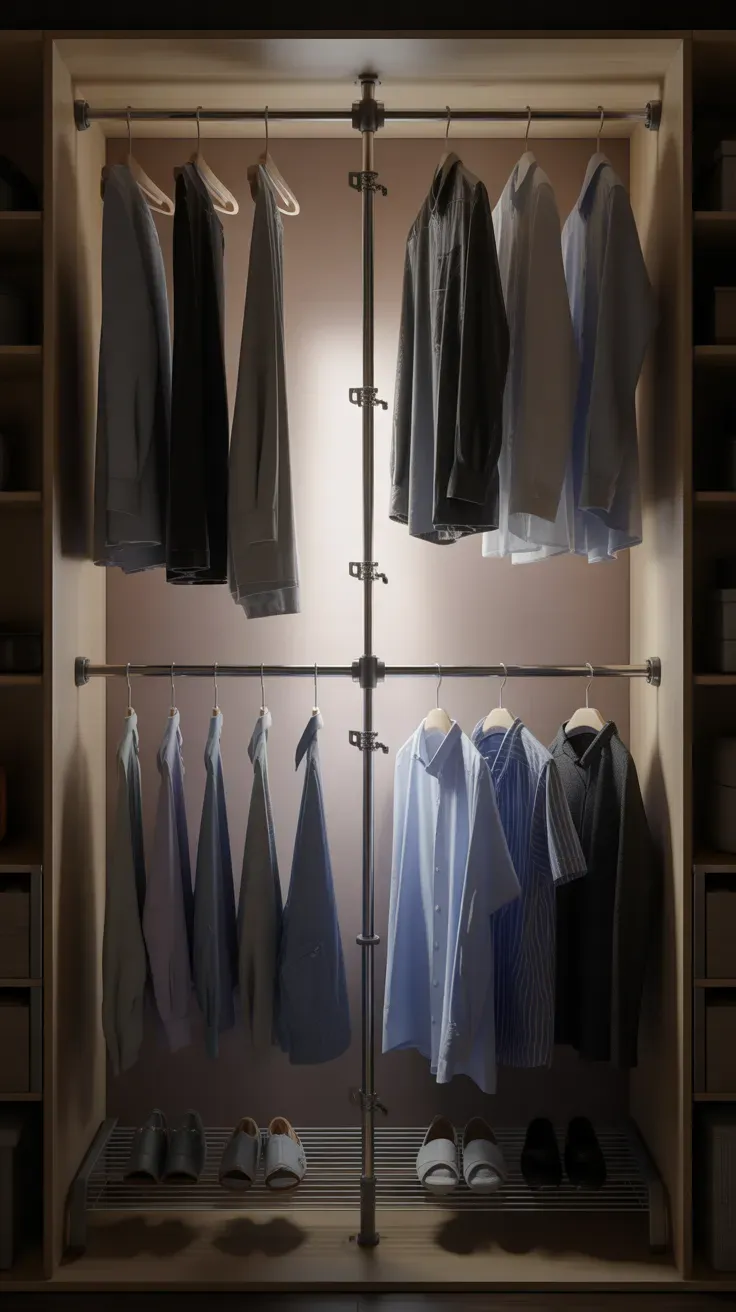 Adjustable rod extenders adding secondary hanging bar in small closet