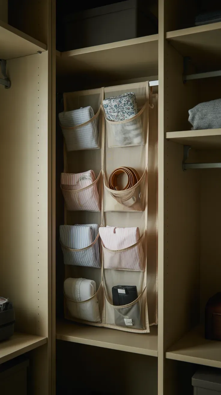 Compact corner hanging caddy maximizing tight small closet corner space