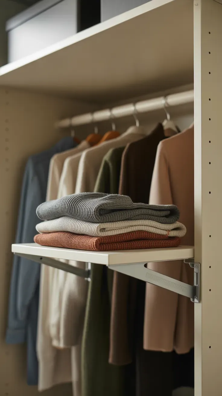 Fold-down shelf adding temporary extra depth to small closet interior