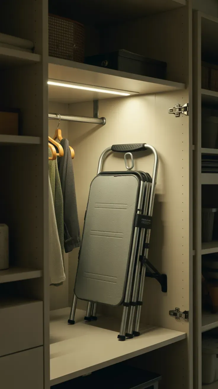 Fold-flat step stool stored against small closet wall for high shelf access