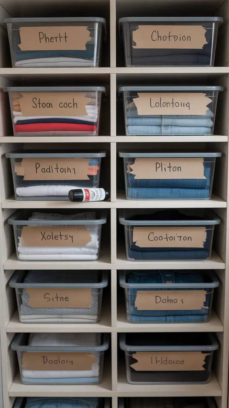 Painter's tape label system organizing small closet shelves by category