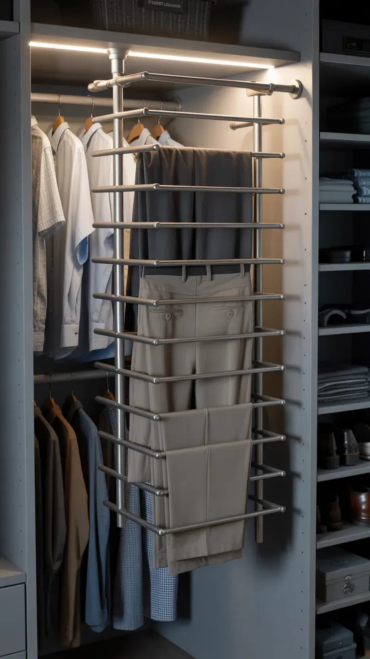 Brushed nickel pull-out pants rack maximizing small closet vertical space