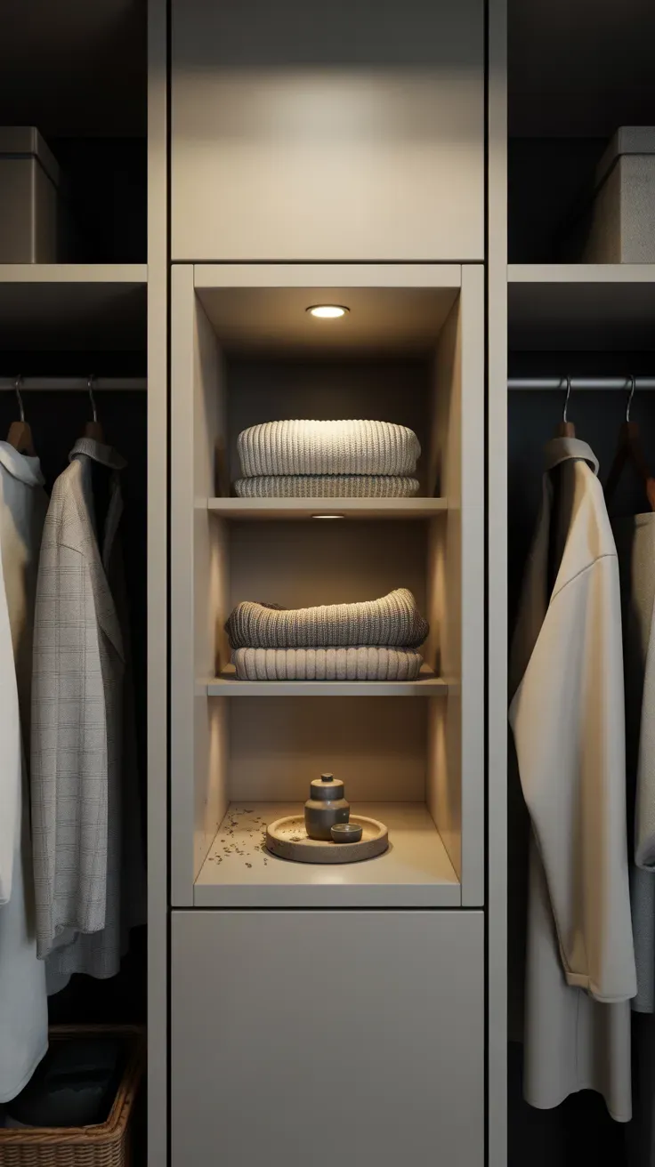 Recessed wall niche shelf insert adding storage between small closet studs