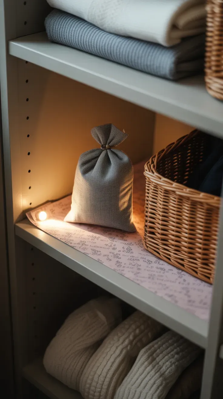 Scented shelf liner and sachets refreshing small closet storage shelves