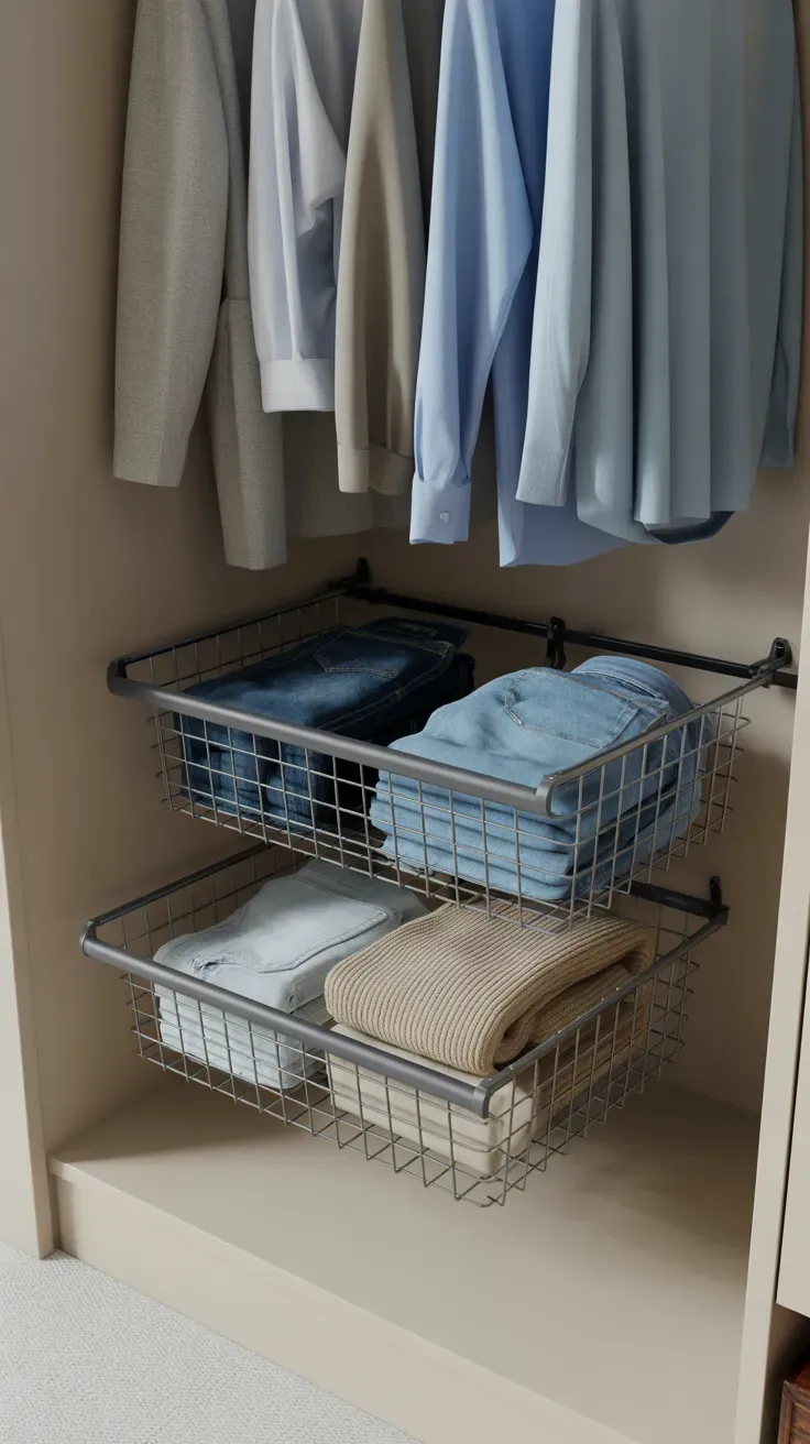Sliding wire basket drawer system maximizing small closet floor space