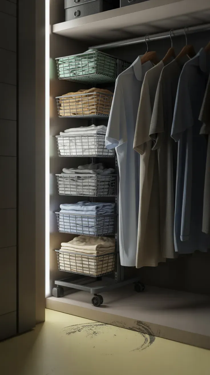 Slim rolling storage tower fitting narrow gap in small closet
